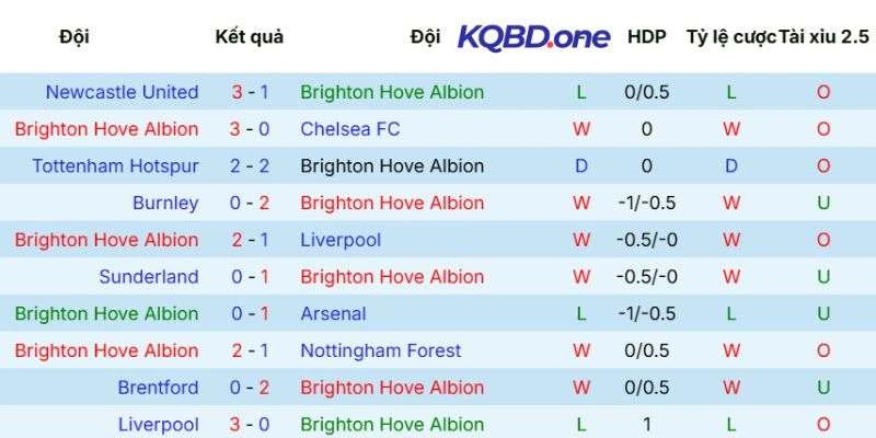 Kết quả thi đấu Brighton