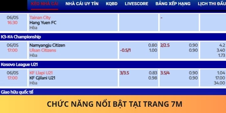 7m cung cấp nhiều tính năng tiện ích về bóng đá trực tuyến